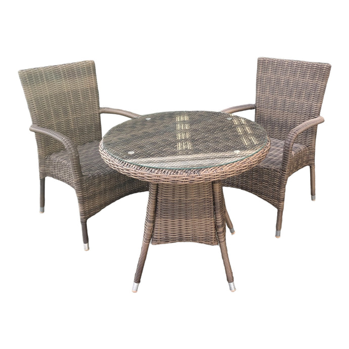 DONVALE - 3 Piece Outdoor Wicker Round Coffee Table and Stacking Chair Set