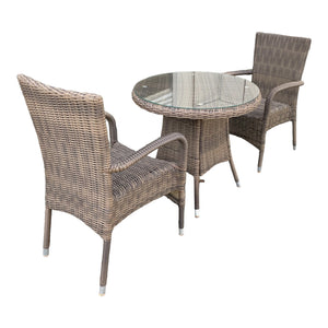 DONVALE - 3 Piece Outdoor Wicker Round Coffee Table and Stacking Chair Set