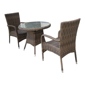 DONVALE - 3 Piece Outdoor Wicker Round Coffee Table and Stacking Chair Set